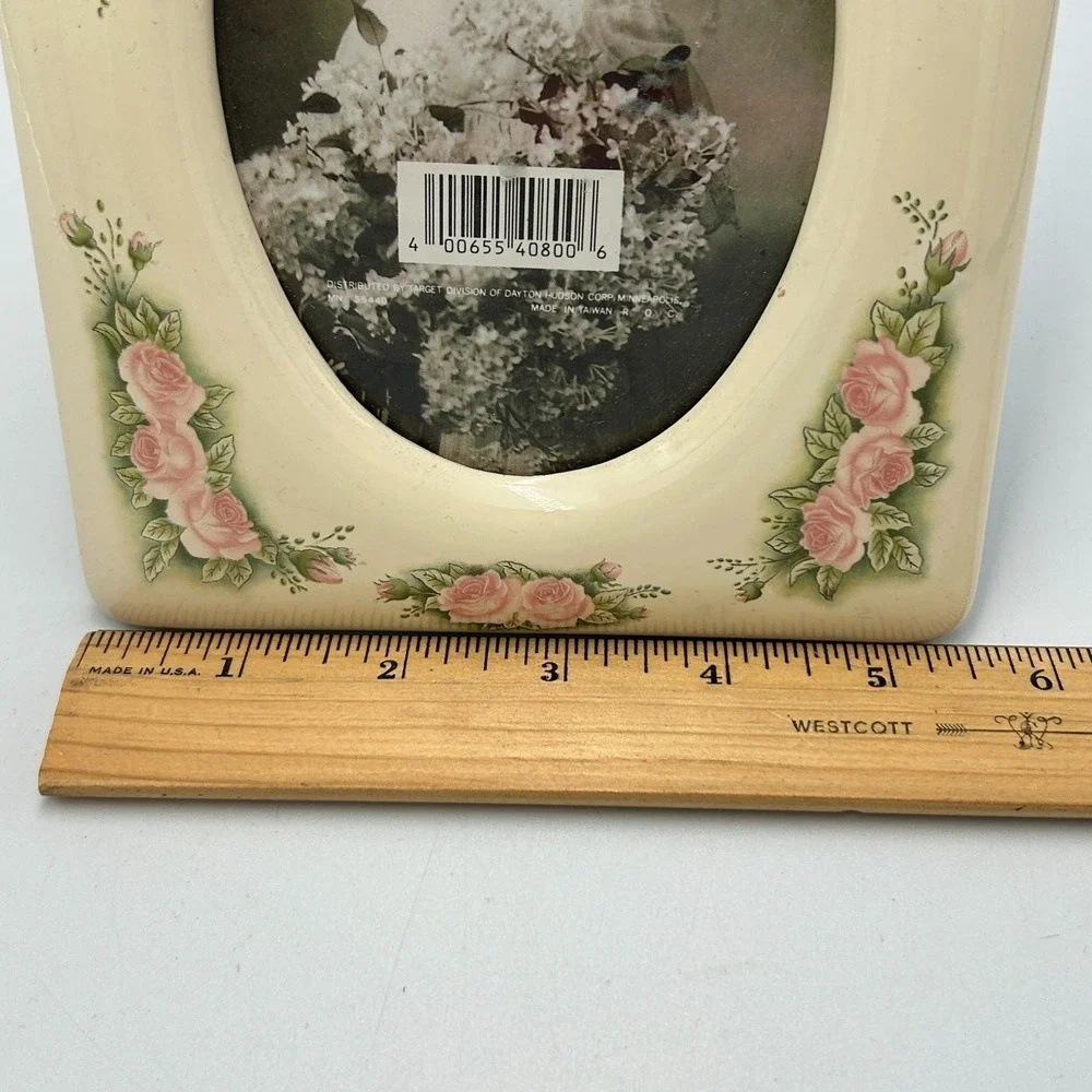 Victorian Picture Frame Pink Roses Rose Bud Floral Porcelain Oval Shaped 5